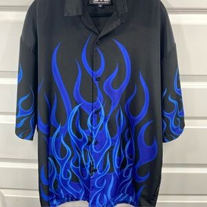 Vintage 90s Y2K Dragonfly Clothing Co. Blue Flames Button Shirt Men's XL RN63725